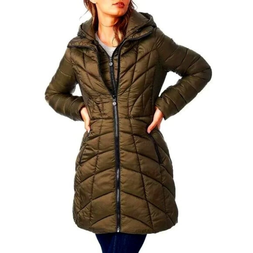 New BERNARDO EcoPlume Packable Walker Puffer Coat Hooded Brown XS MSRP $240